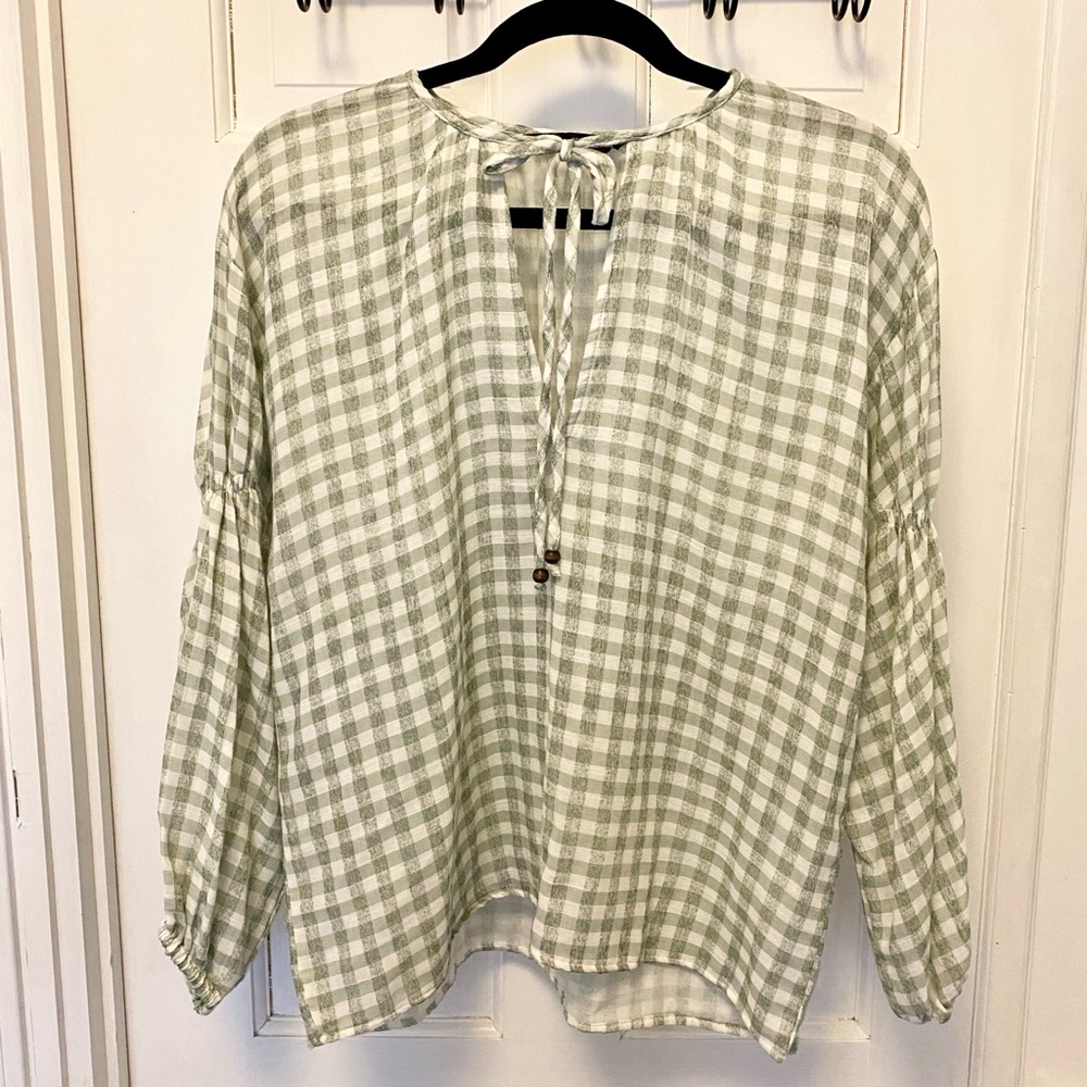 Zara Green Gingham Balloon Sleeve Top XS